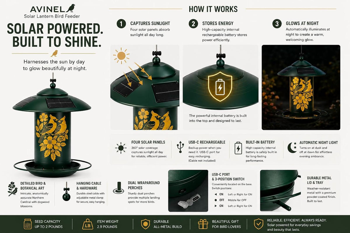 avinel solar lantern bird feeder – solar-powered outdoor showing dimensions