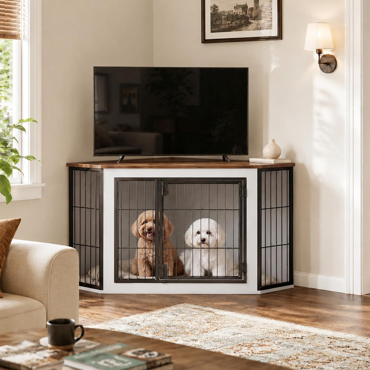 hoobro corner dog crate furniture, decorative dog kennel on a desk or shelf