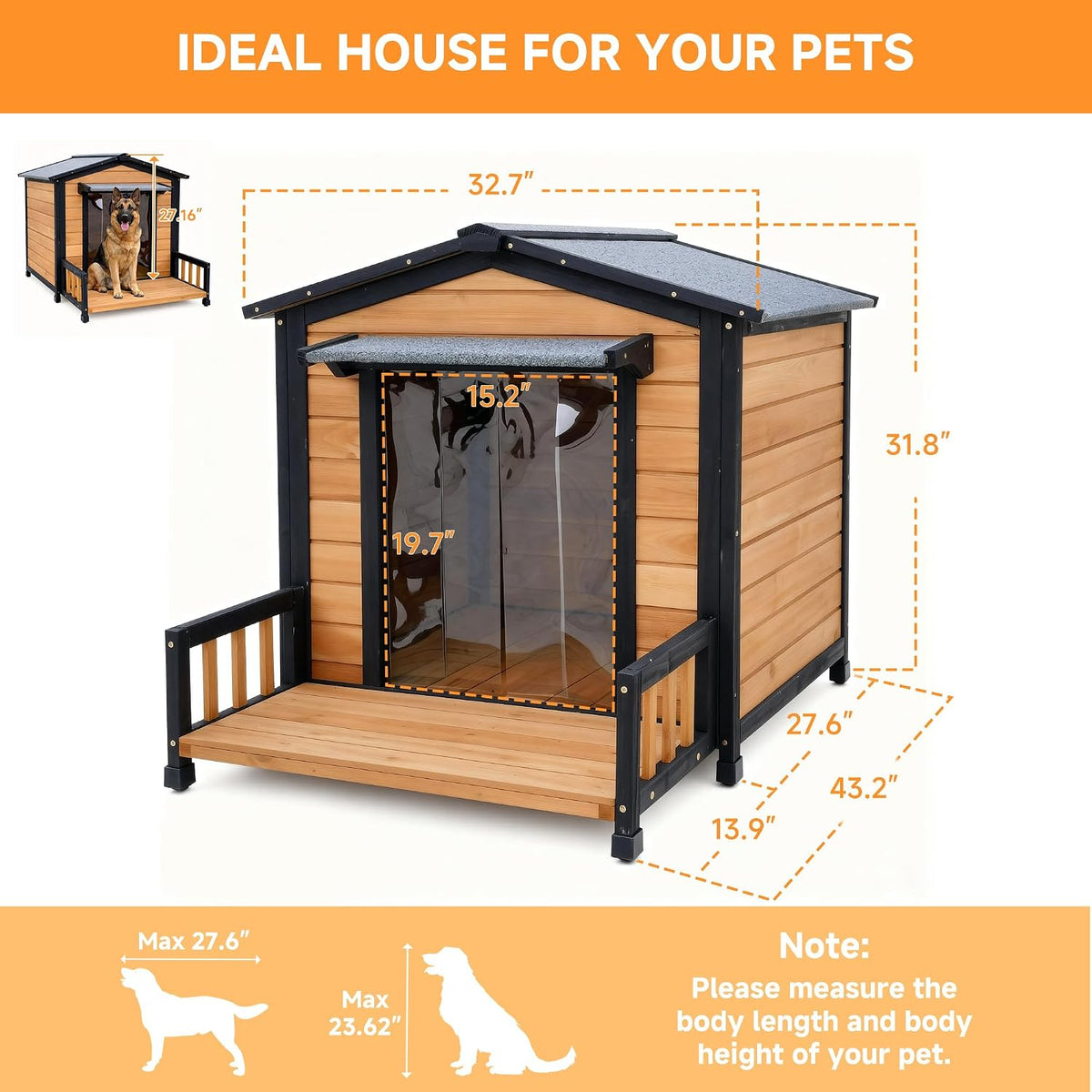 large dog house outdoor, wood weatherproof shelter with shown in use