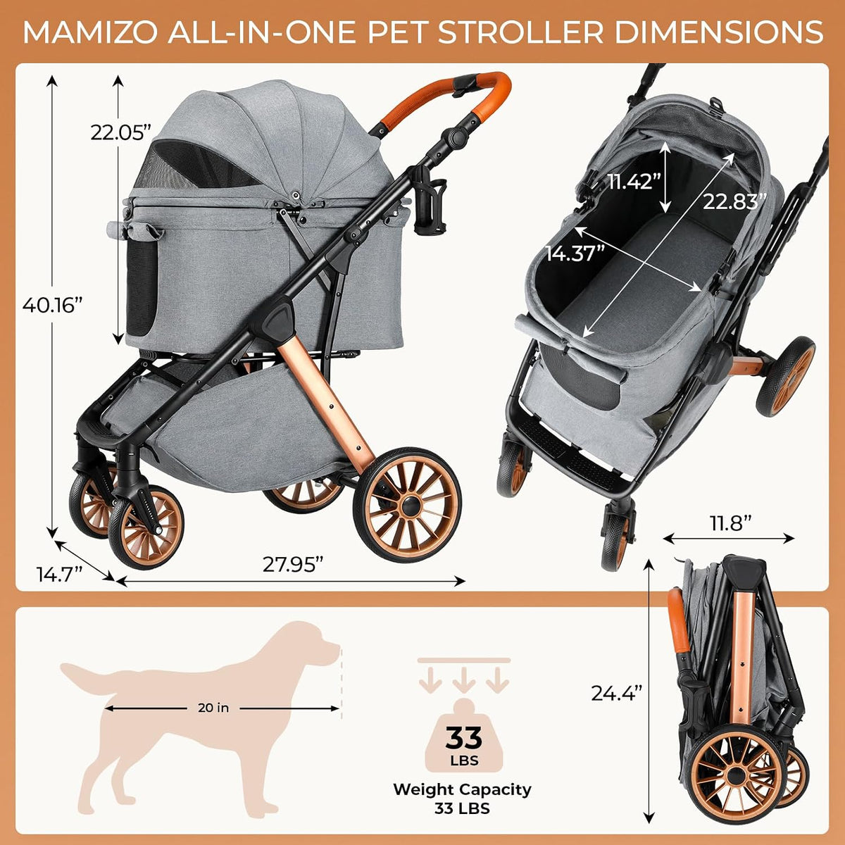 mamizo dog stroller for medium dogs up to, close-up detail