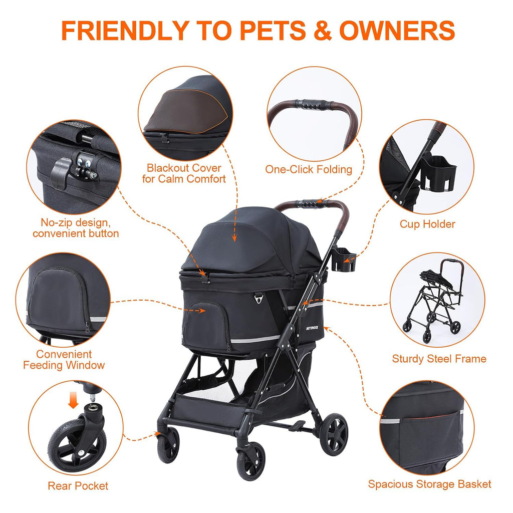 dog stroller with no-zip buckle canopy, fits 2, package contents
