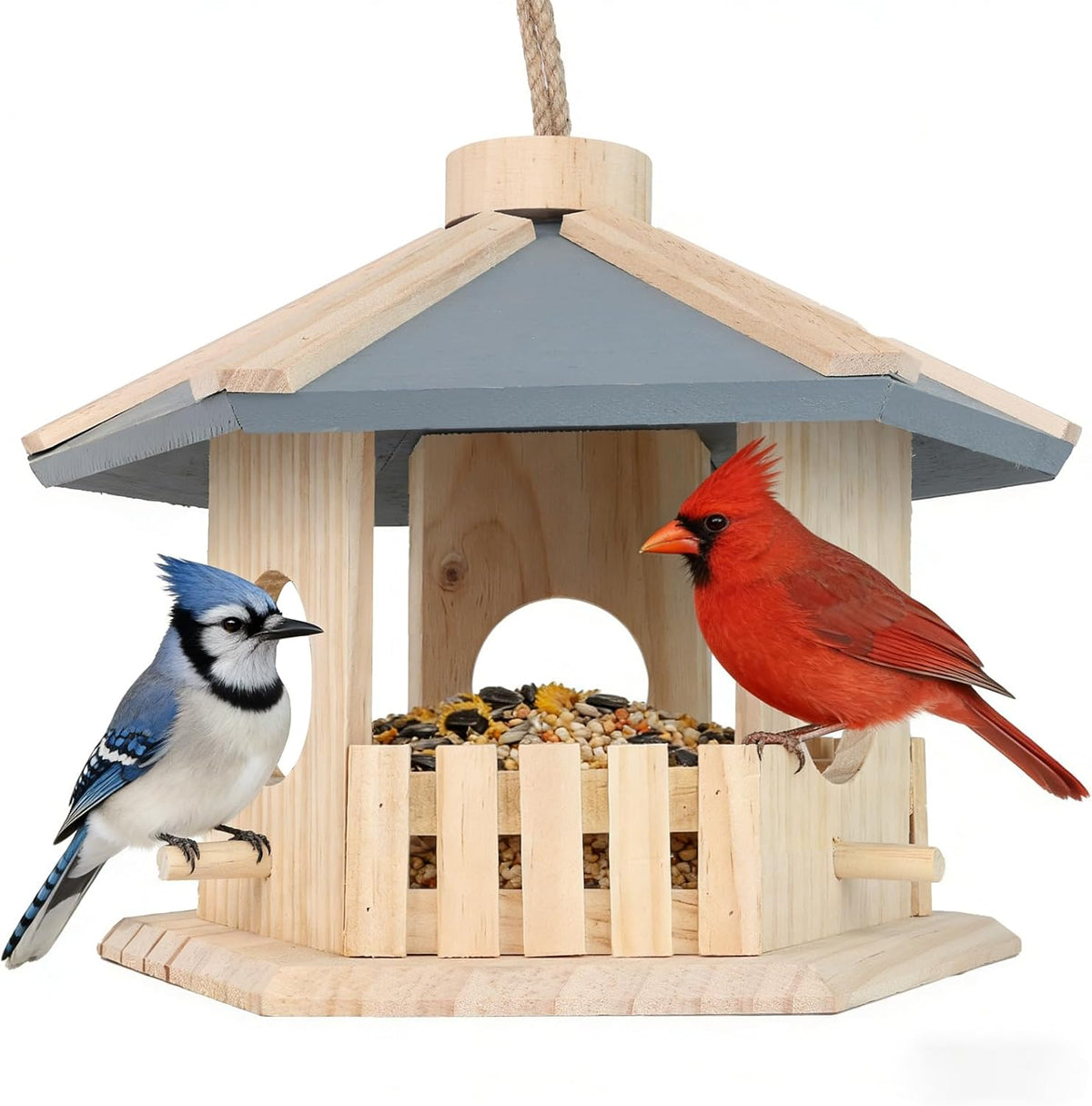 hexagon hanging wooden bird feeder (stone blue), close-up detail