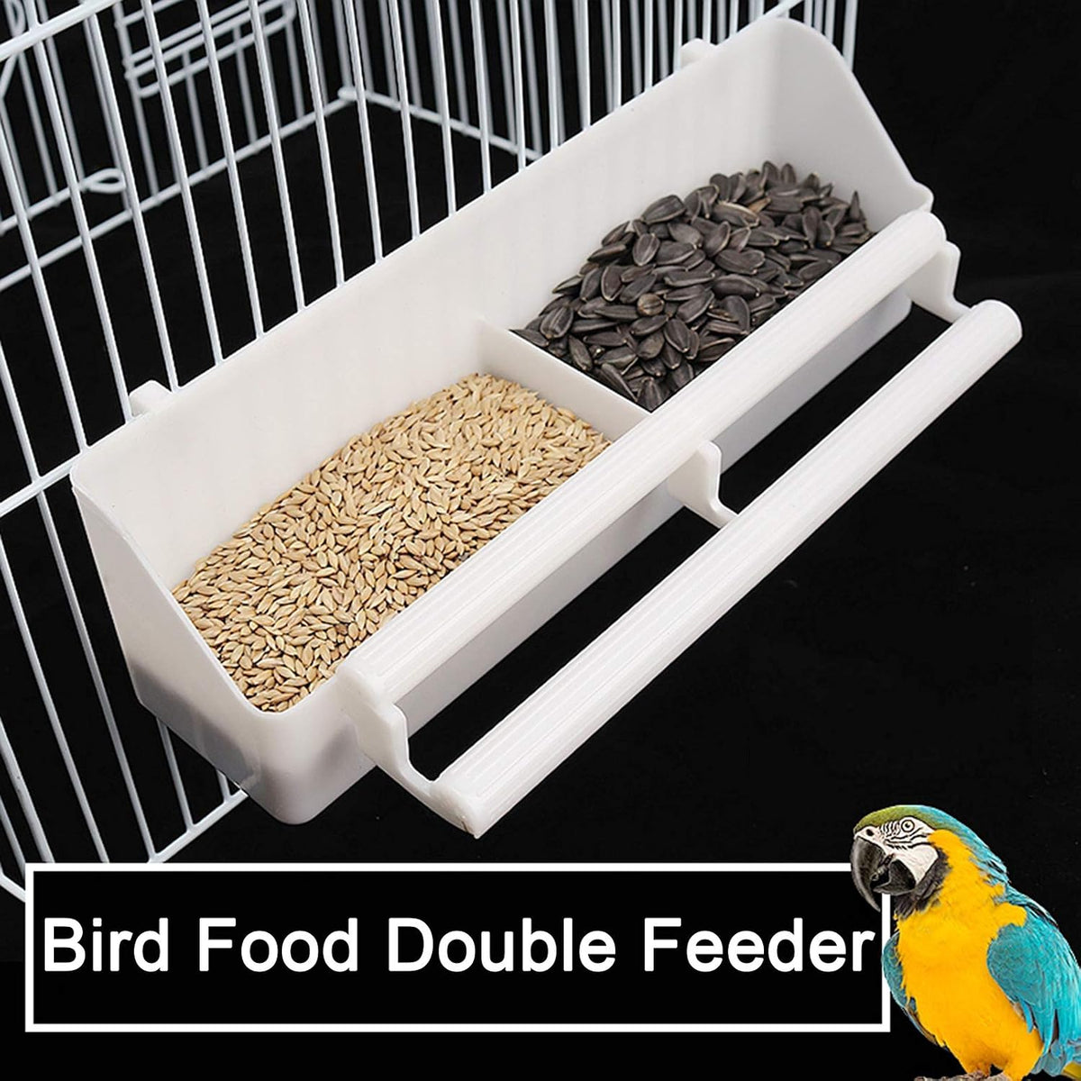bird feeder, pet birds food double plastic shown in use