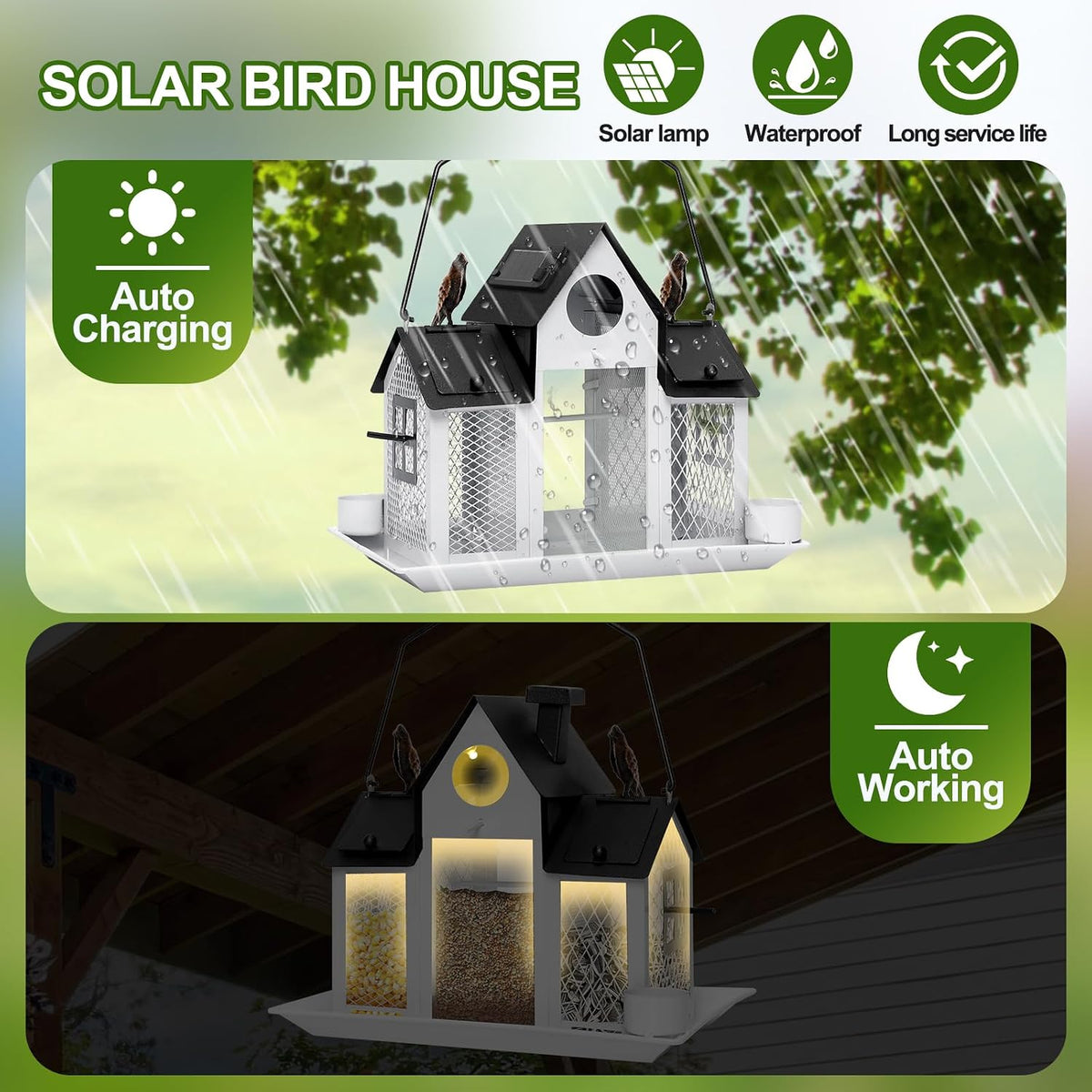 solar bird feeders for outdoors hanging, bird houses, close-up detail