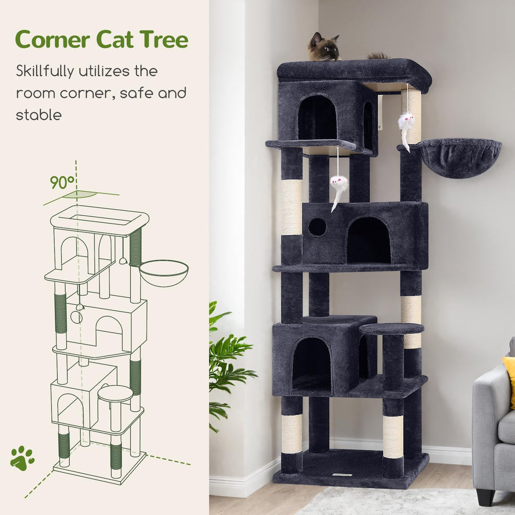 globlazer f66 corner cat tree, 66in multi-level climbing showing dimensions