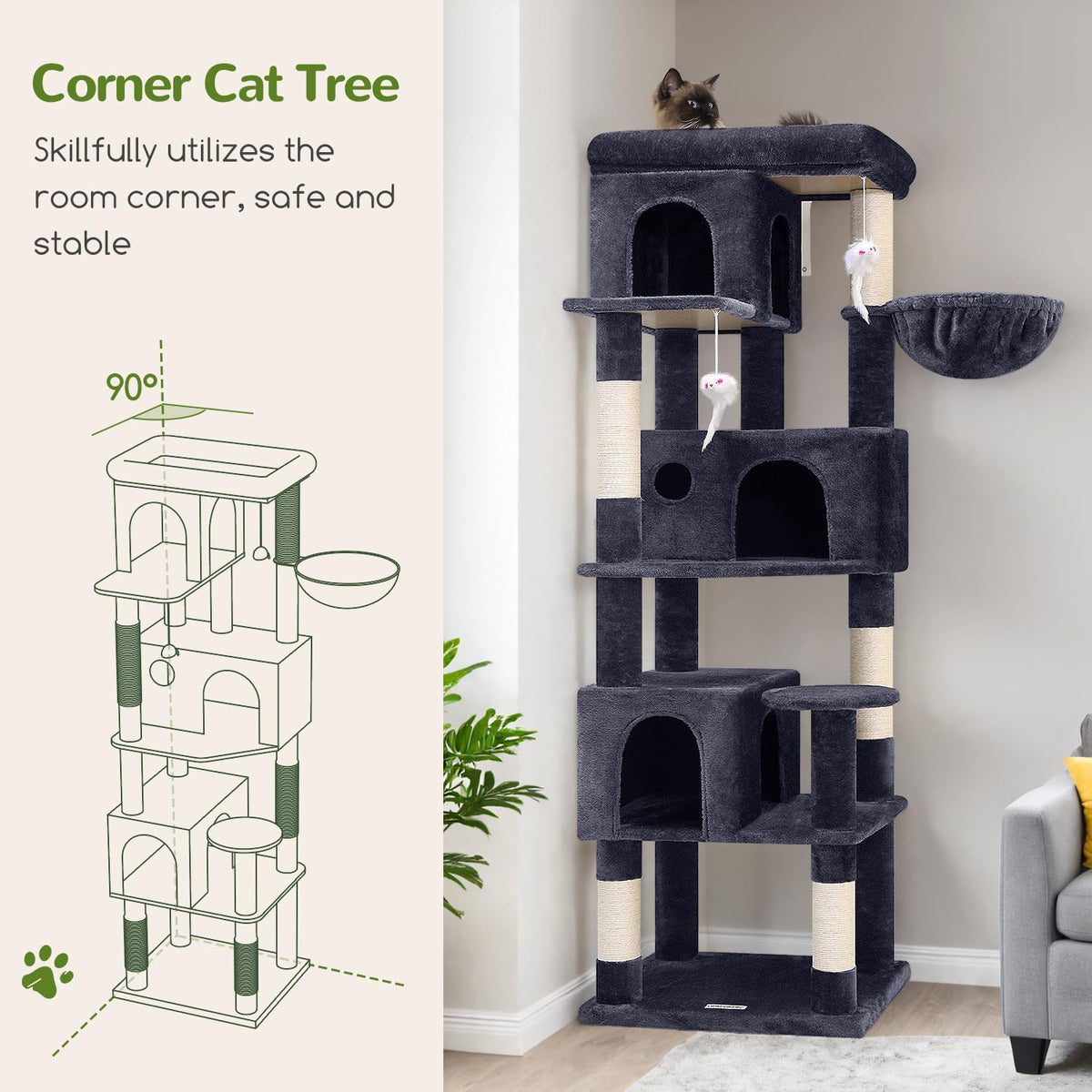 globlazer f66 corner cat tree, 66in multi-level climbing showing dimensions