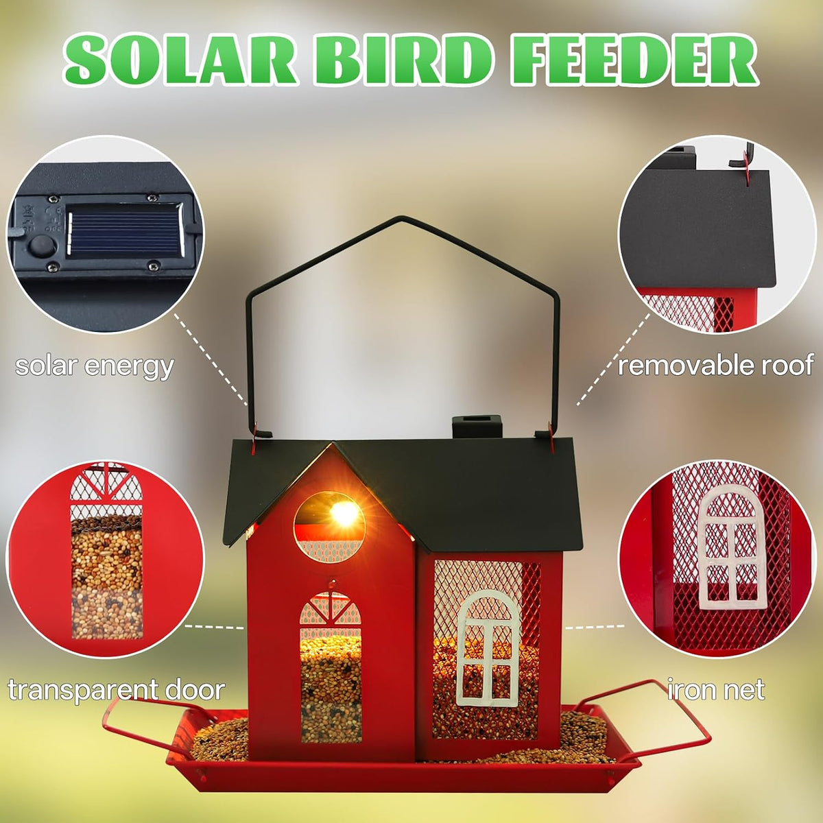 solar bird feeder for outdoors - red metal, side view