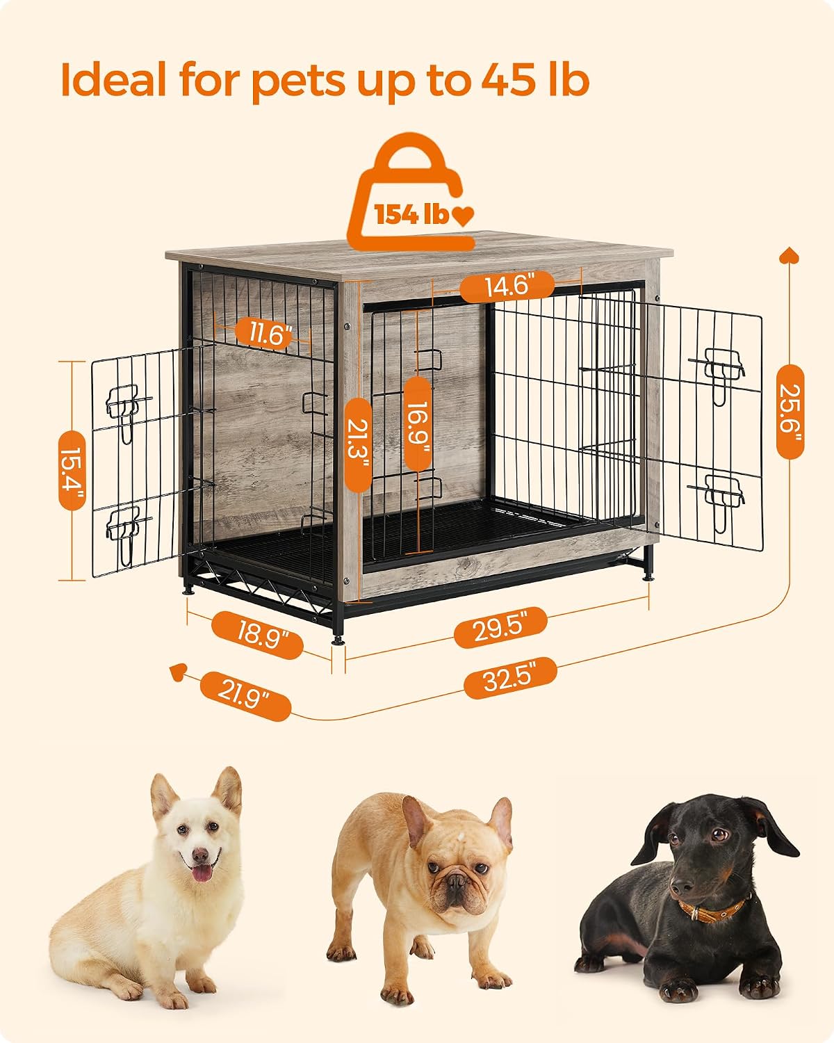 feandrea 32.5" dog crate furniture, indoor dog kennel, close-up detail