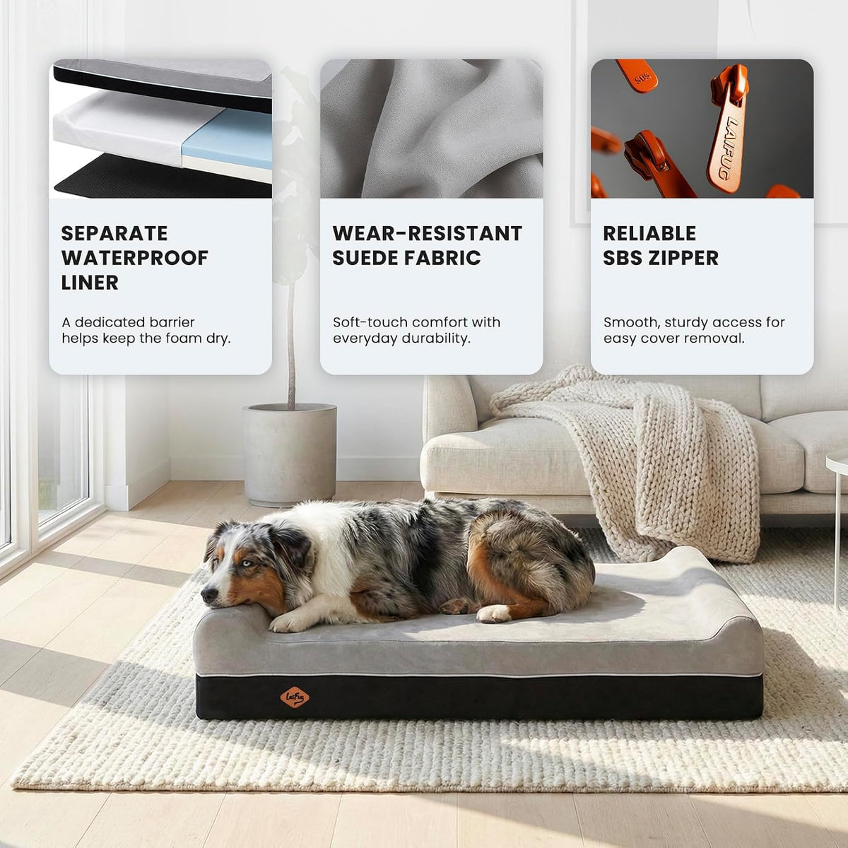 laifug orthopedic dog bed, slate grey 50''x36''x10'', memory, package contents