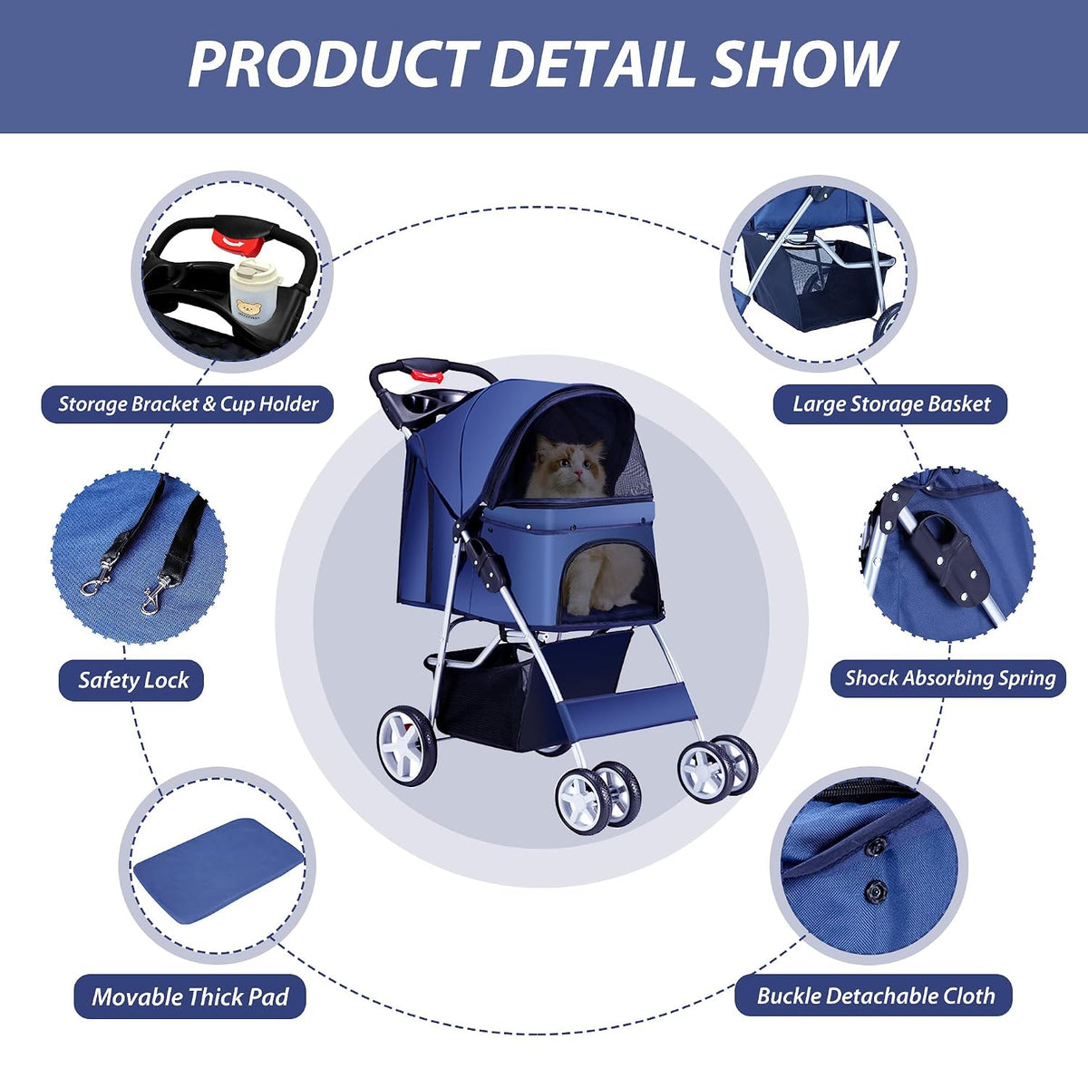 unisakey foldable 4-wheel pet stroller for dogs cats showing dimensions