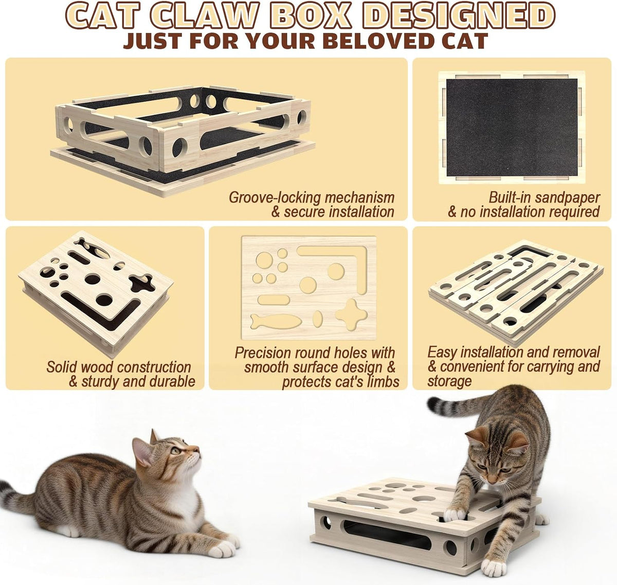 cat scratch puzzle enrichment box, large solid wood shown in use