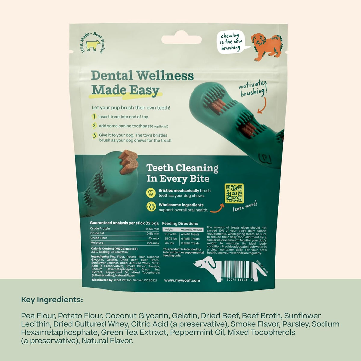 woof bite n' brush dog dental sticks, refills shown in use