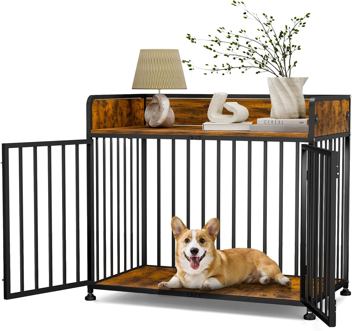 furniture style dog crate, large dog kennel indoor on a desk or shelf