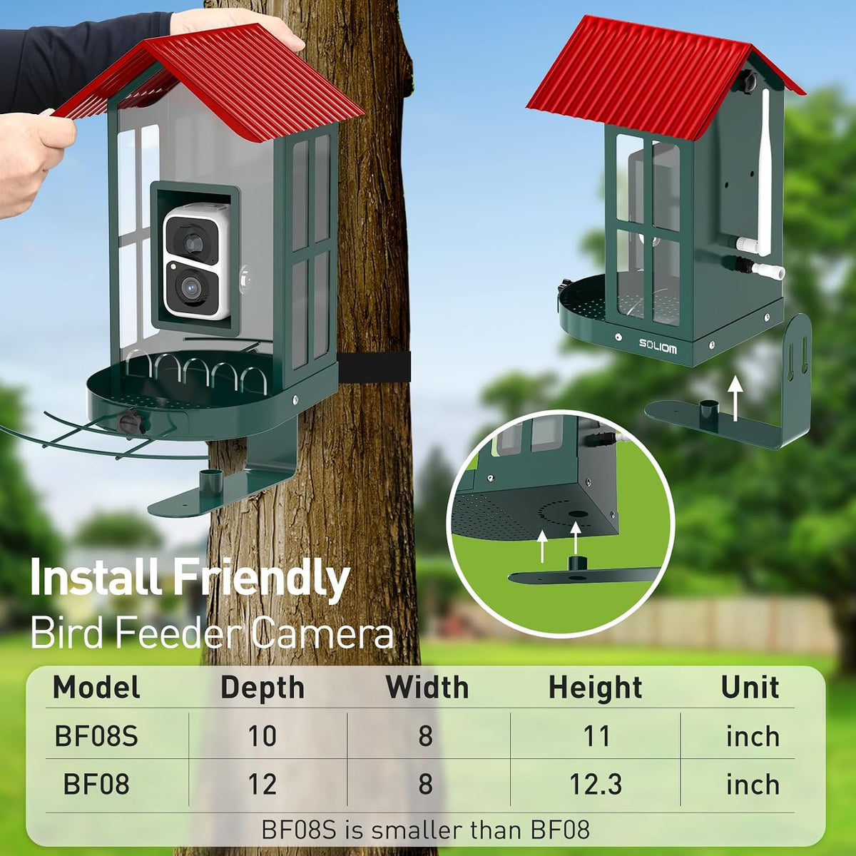 soliom smart bird feeder with camera for outdoors showing dimensions