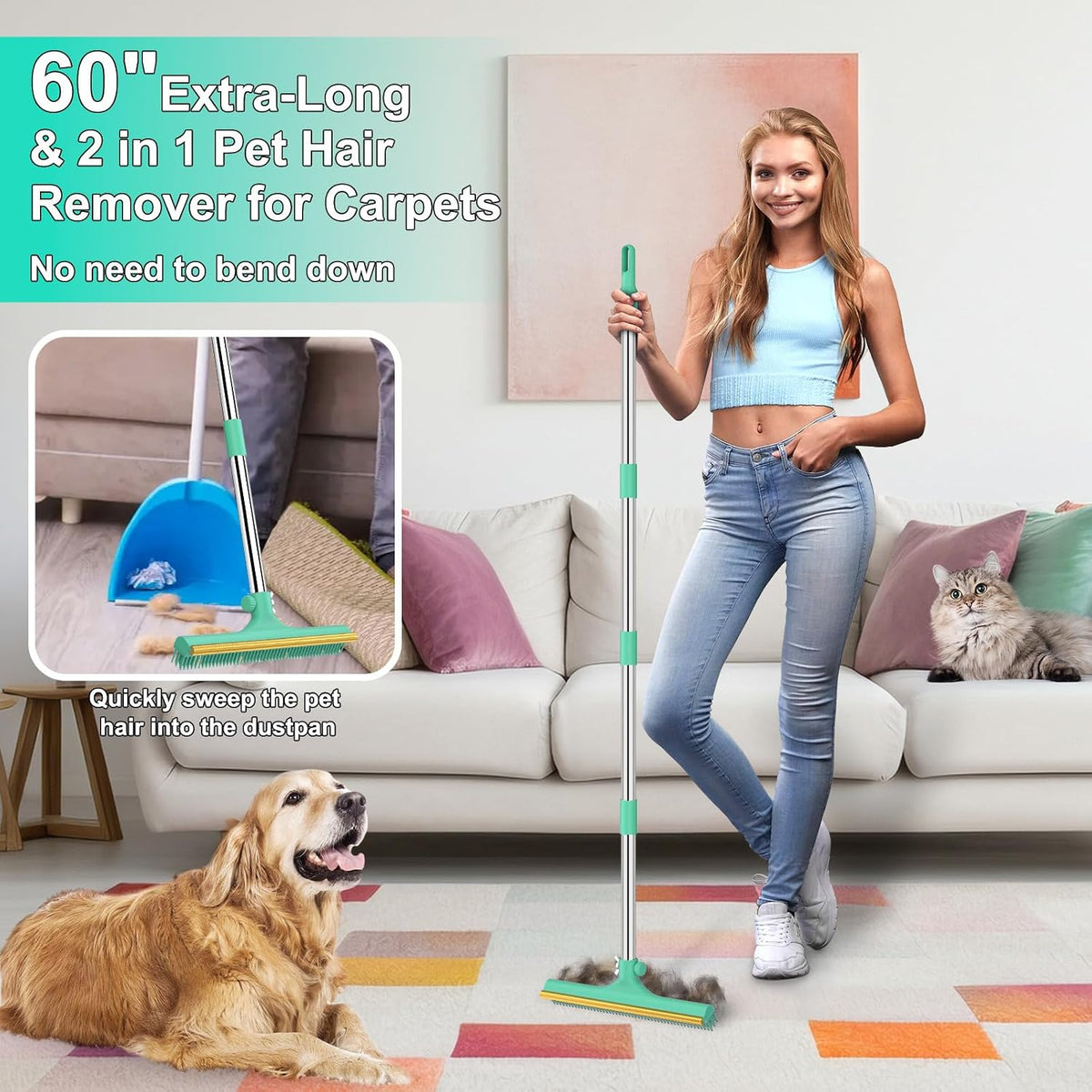 carpet rake for pet hair removal, reusable pet shown in use