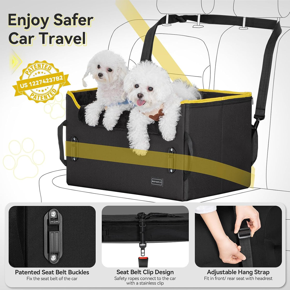 petsfit dog booster car seat, dog car seats showing dimensions