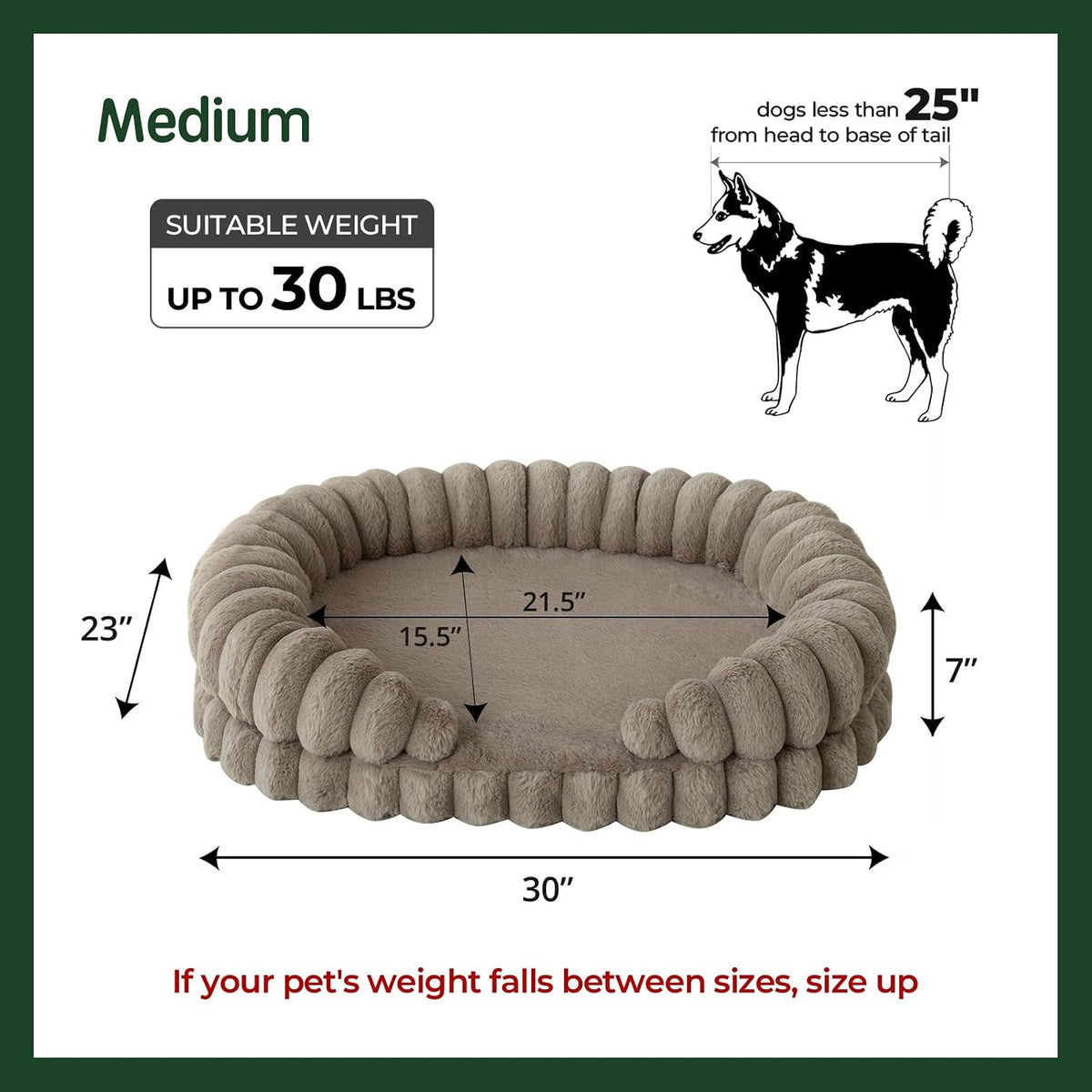 balance calming dog bed for medium sized dogs showing dimensions