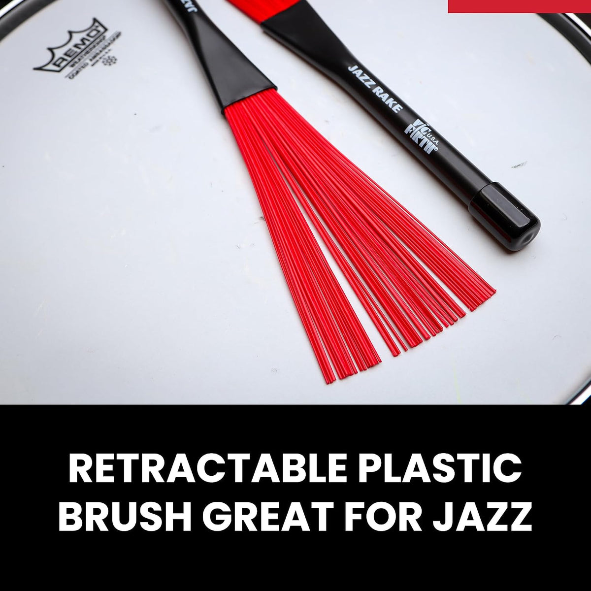 vic firth bjr jazz rake brush - red, close-up detail