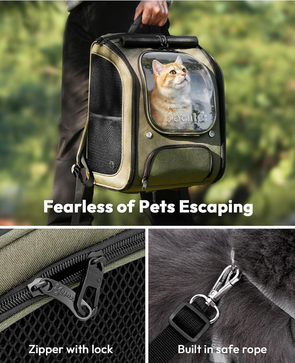 pecute cat backpack carrier,large space cat bubble backpack,ergonomic,green showing dimensions