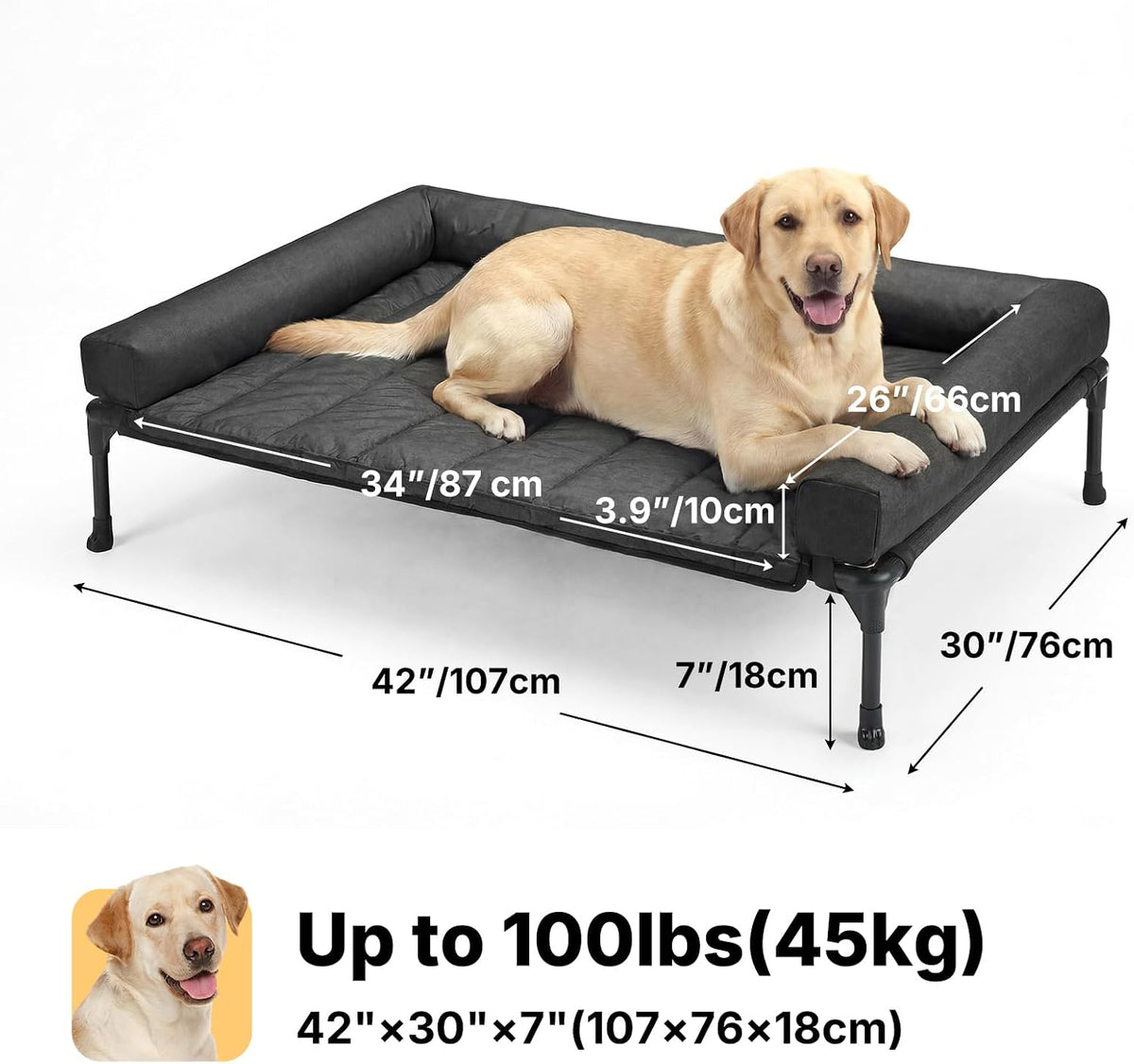 veehoo outdoor elevated dog bed with waterproof bolster shown in use