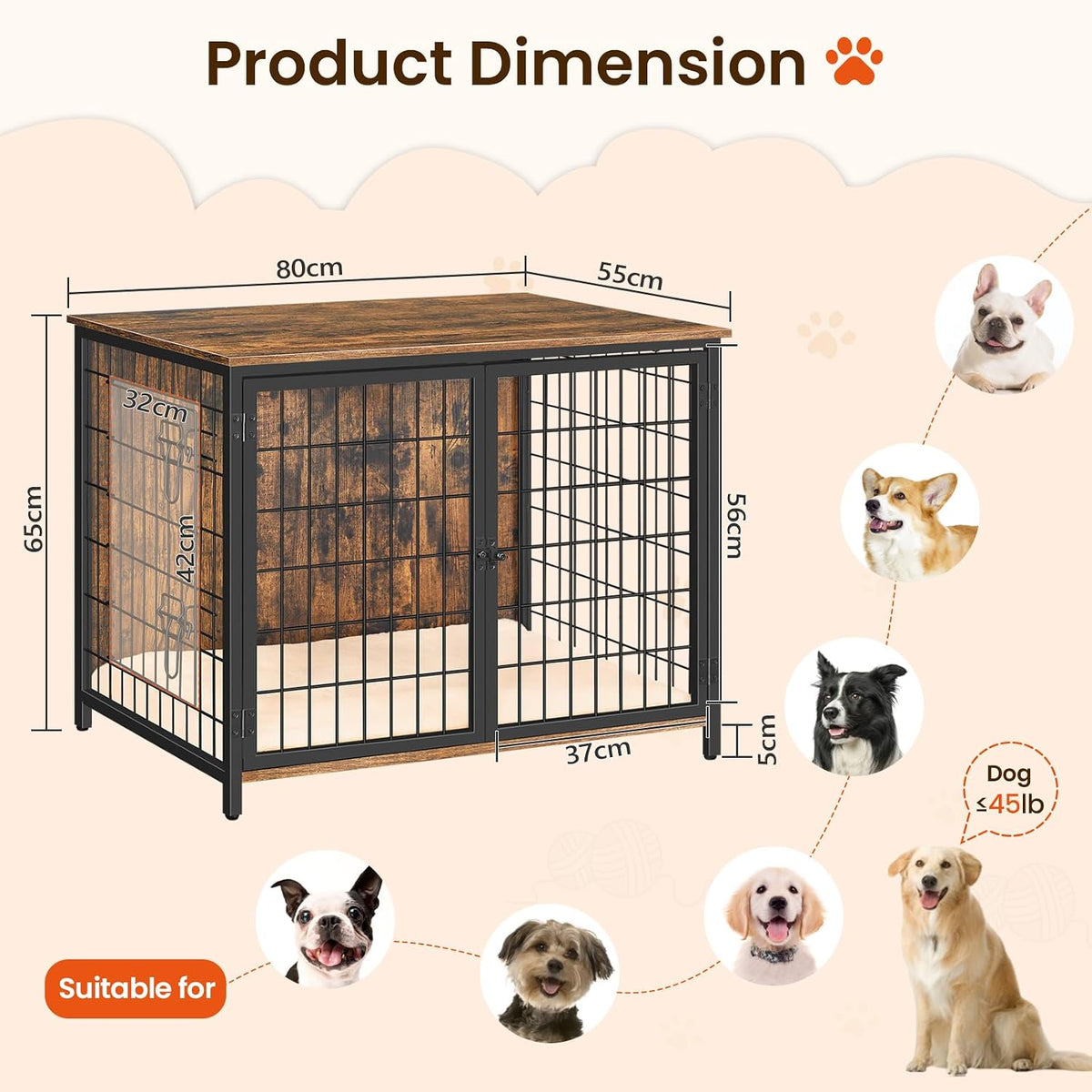 mahancris dog crate furniture with cushion, wooden dog, side view