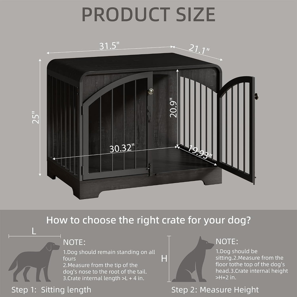 31.5" farmhouse dog crate furniture for small dogs shown in use