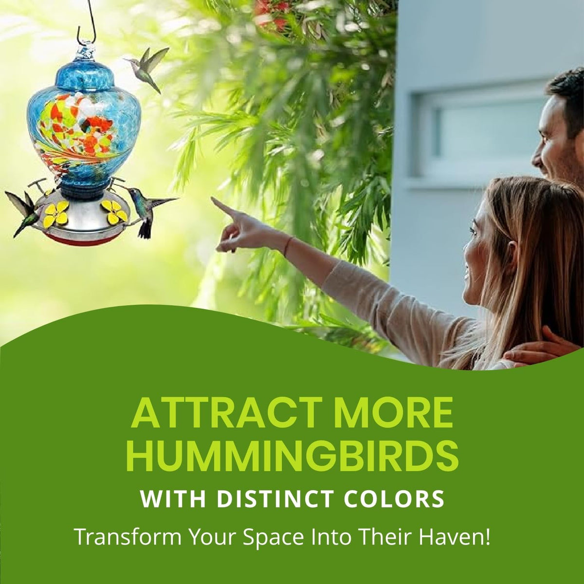 nature gear glass hummingbird feeder for outdoors, hanging, close-up detail