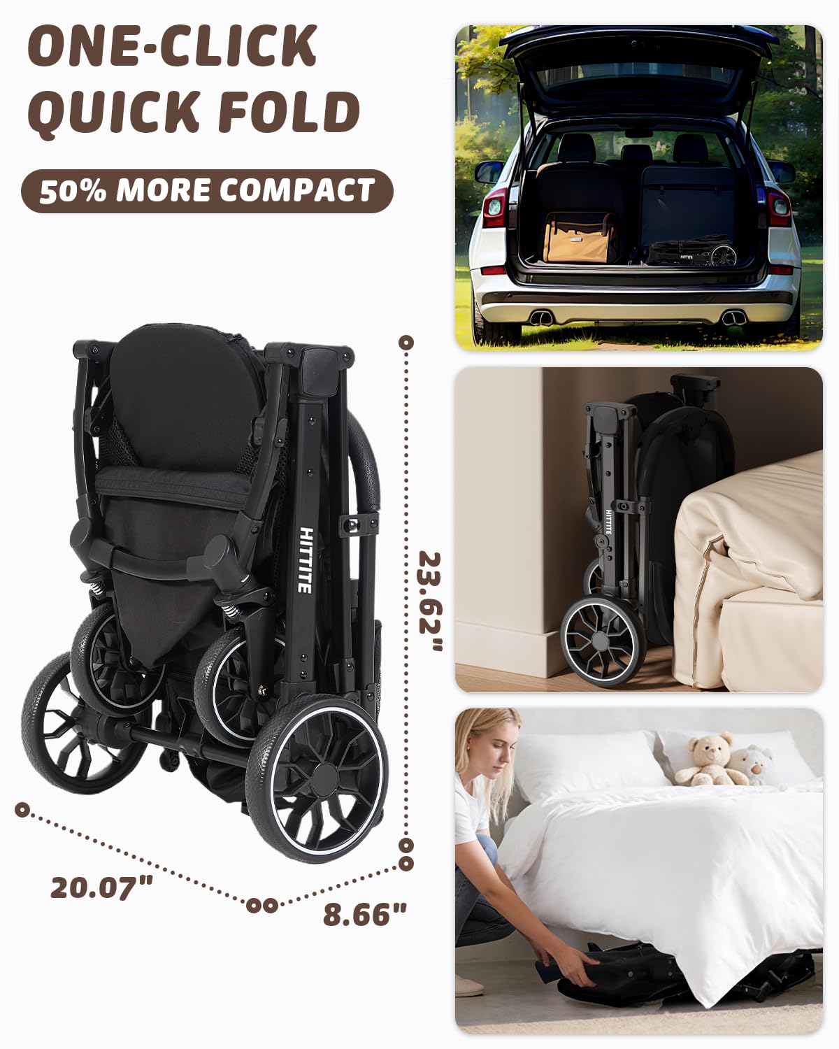 hittite pet stroller with weatherproof cover, all-terrain 4-wheel, front angle view