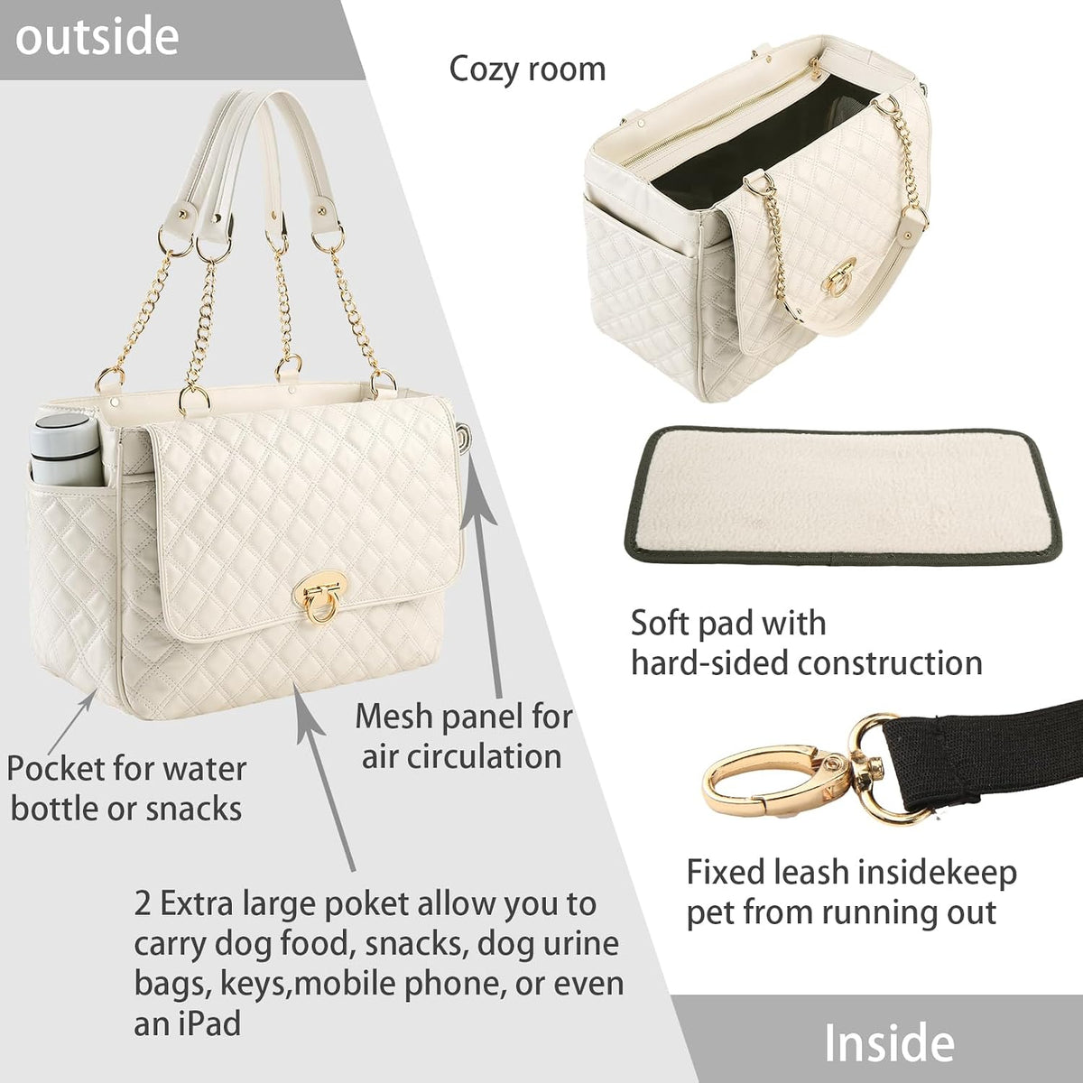 fashion dog purse for small dogs with 2, close-up detail