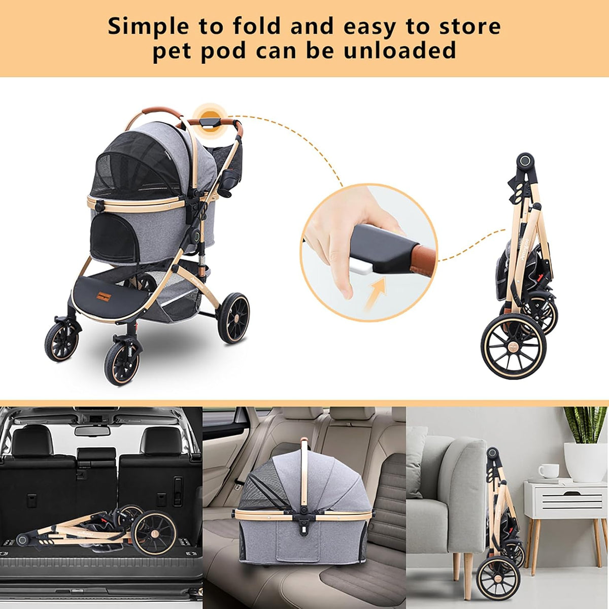 pettingzoo dog stroller, aluminum frame, removable carrier, 60 showing dimensions
