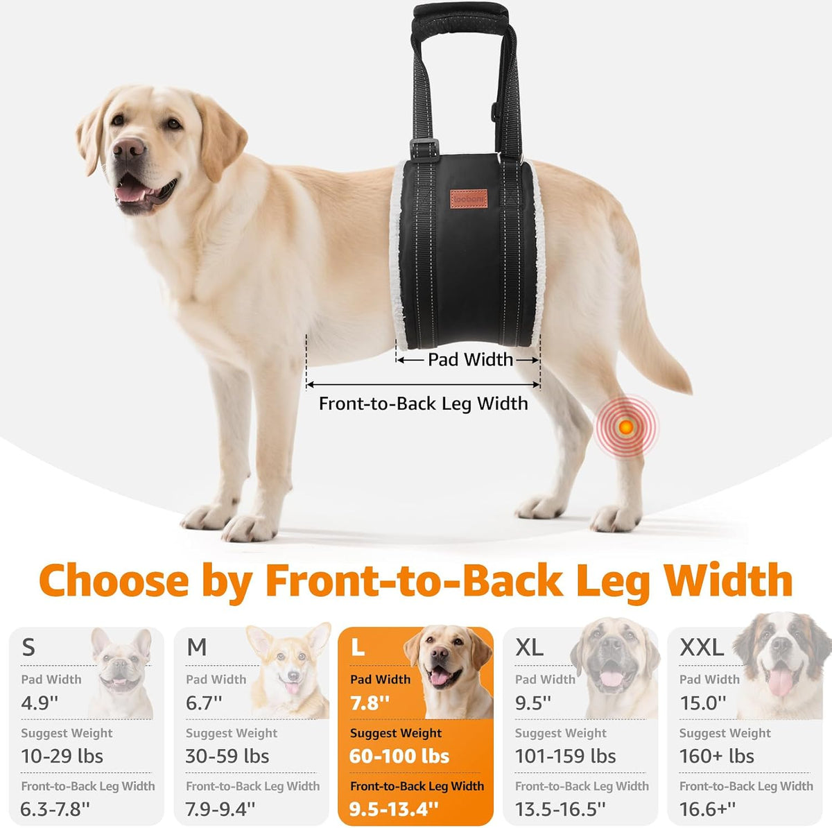 loobani portable dog sling for back legs, hip showing dimensions