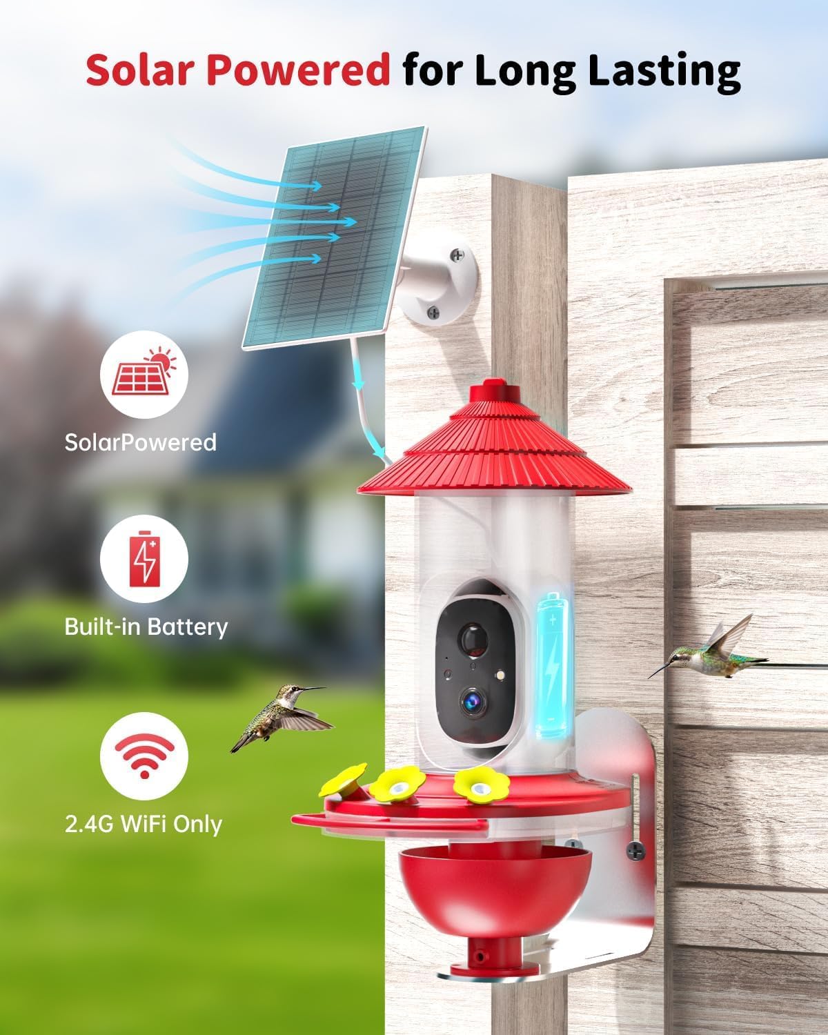 wisebird solar powered hummingbird feeder with camera showing dimensions