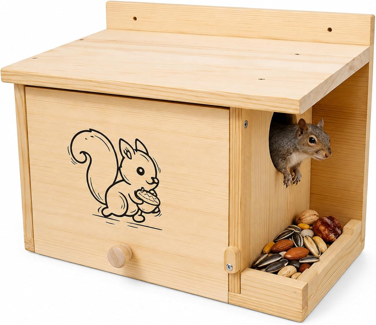 wooden squirrel house feeder with engraved design, outdoor, main product view