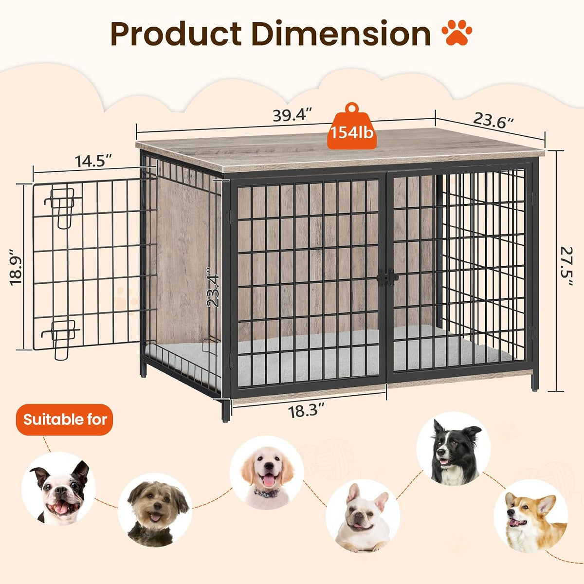 mahancris dog crate furniture with cushion, wooden dog, close-up detail