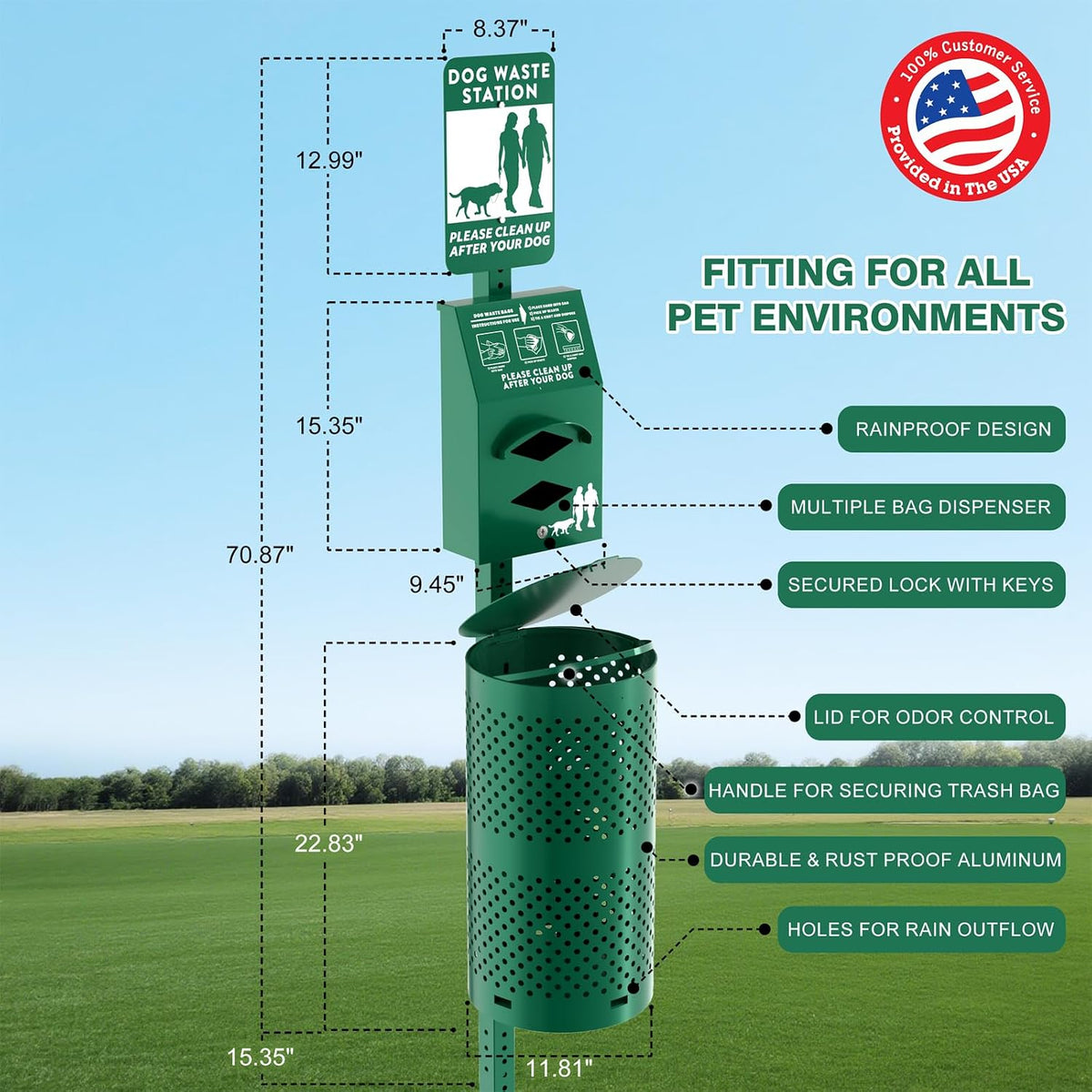 pochar rust-proof aluminum outdoor dog waste disposal station, side view