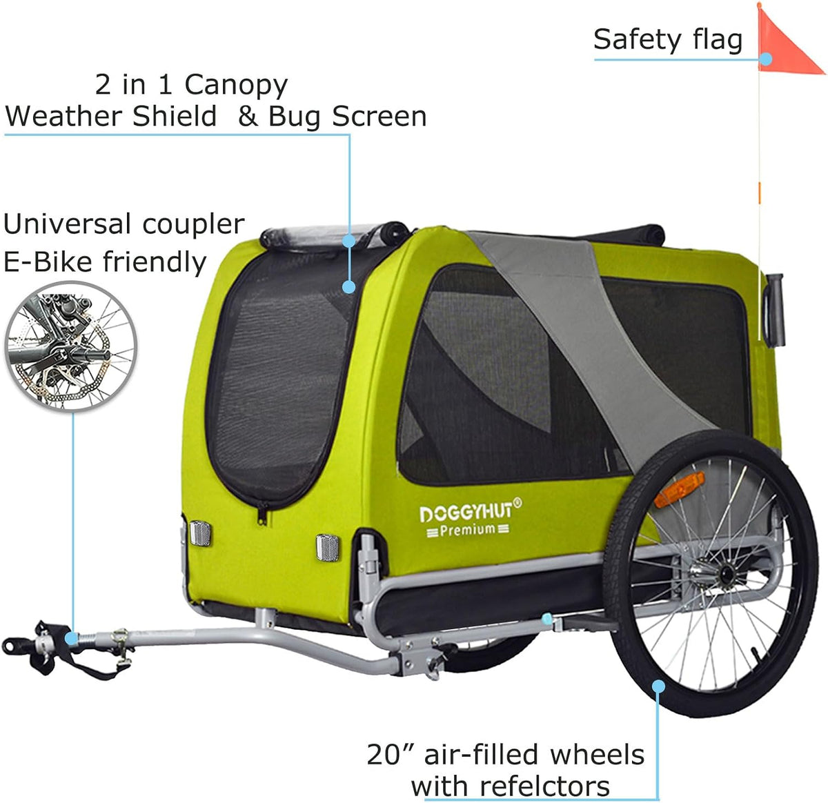 doggyhut® premium xl pet bike trailer & stroller showing dimensions