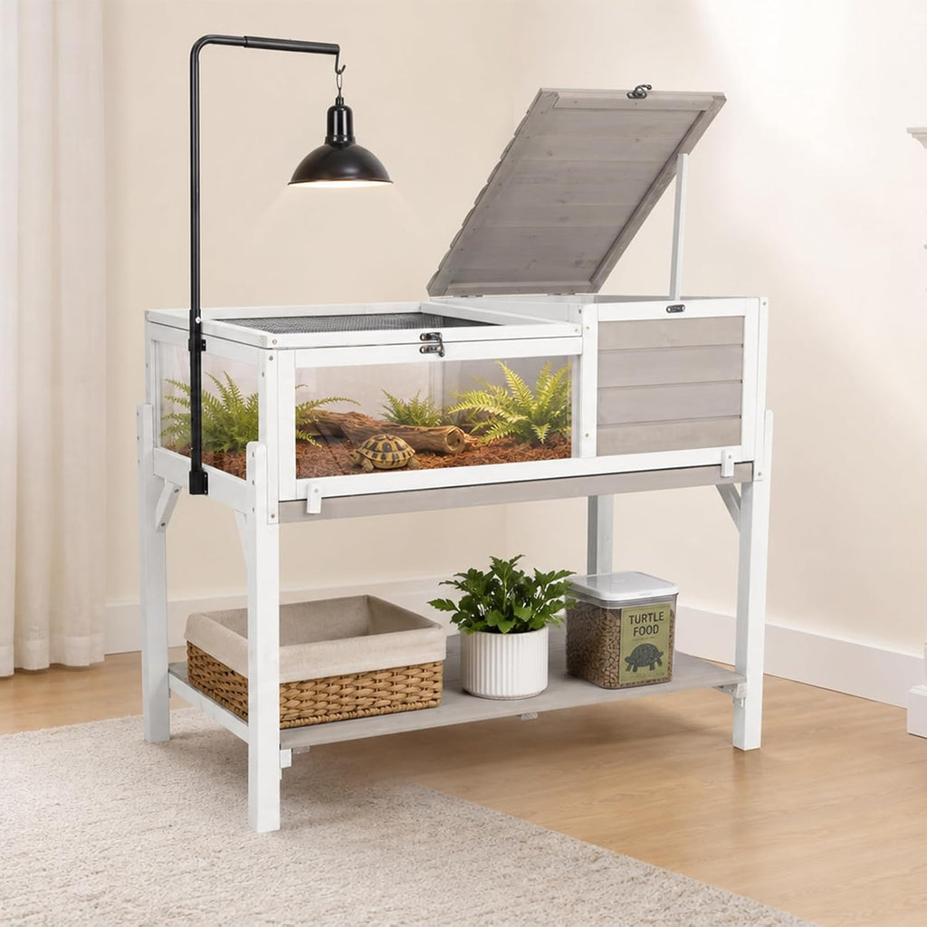 large tortoise enclosure with adjustable lamp stand and showing dimensions