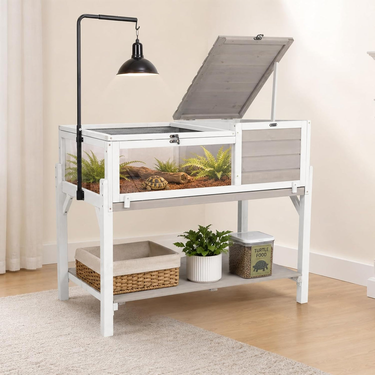 large tortoise enclosure with adjustable lamp stand and showing dimensions