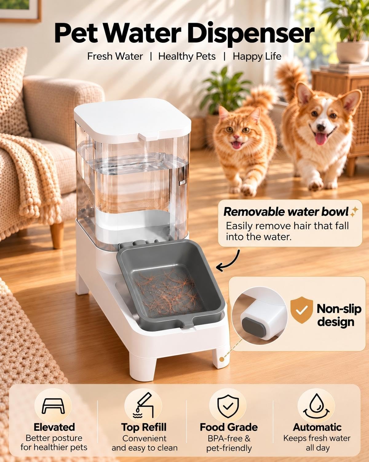 automatic pet water dispenser bowl 4l for cats, side view