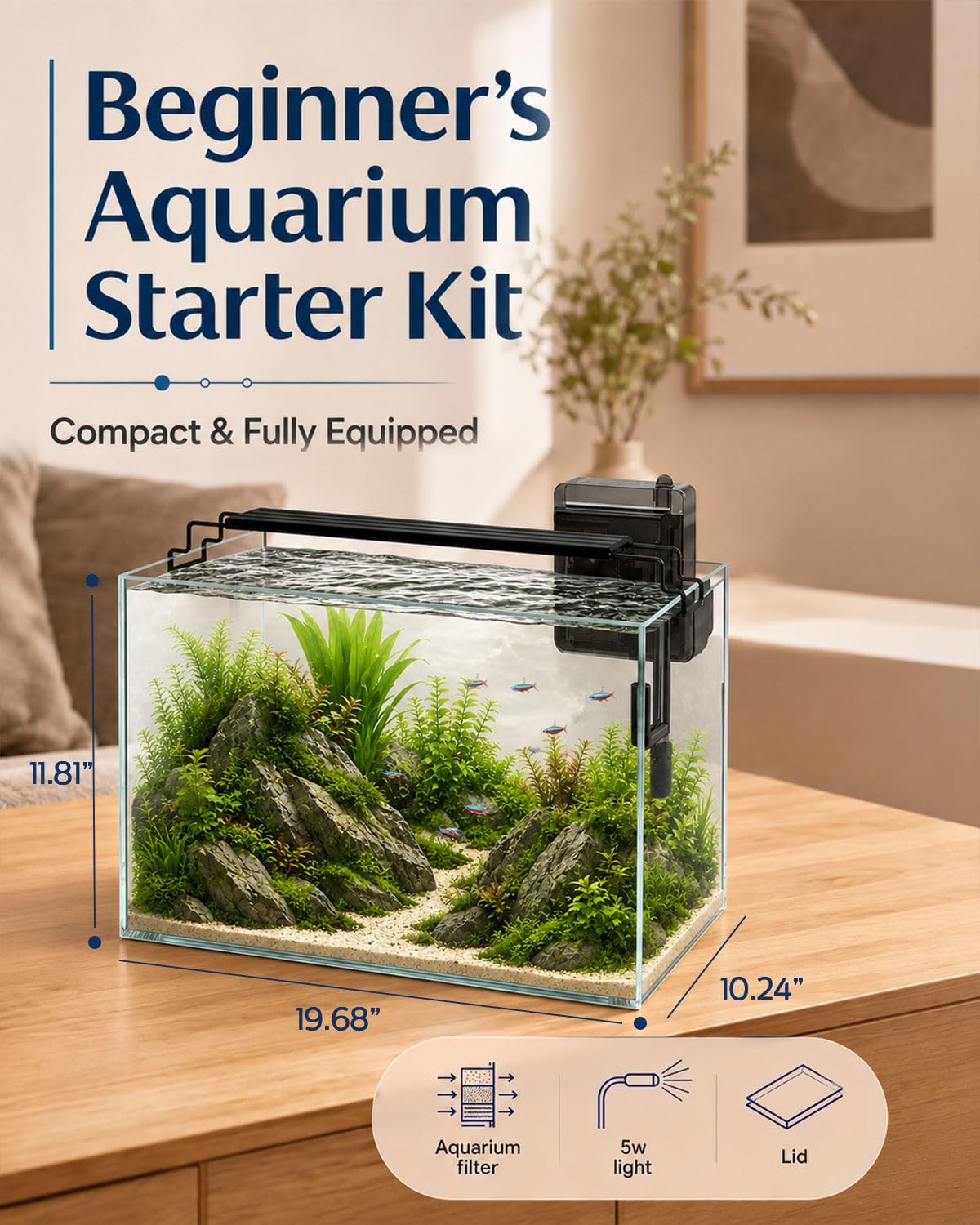 10 gallon glass aquarium kit, rimless fish tank, close-up detail