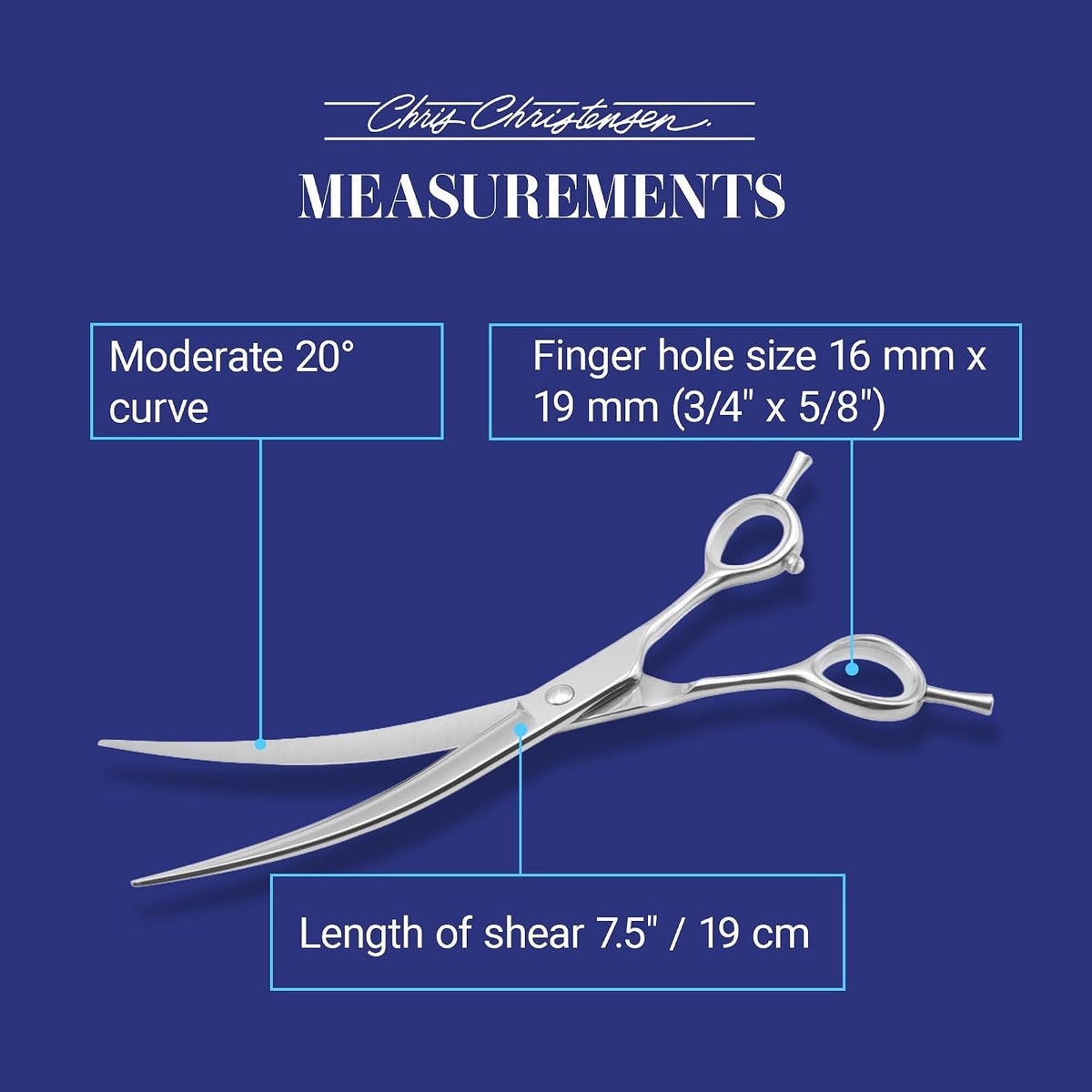 chris christensen classic series 7.5 in. curved dog showing dimensions