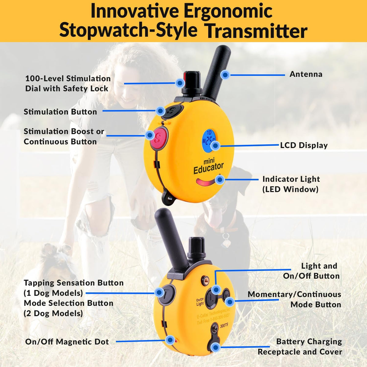 e-collar educator et-302-2t-cp remote collar, 2 dog, yellow/black, side view