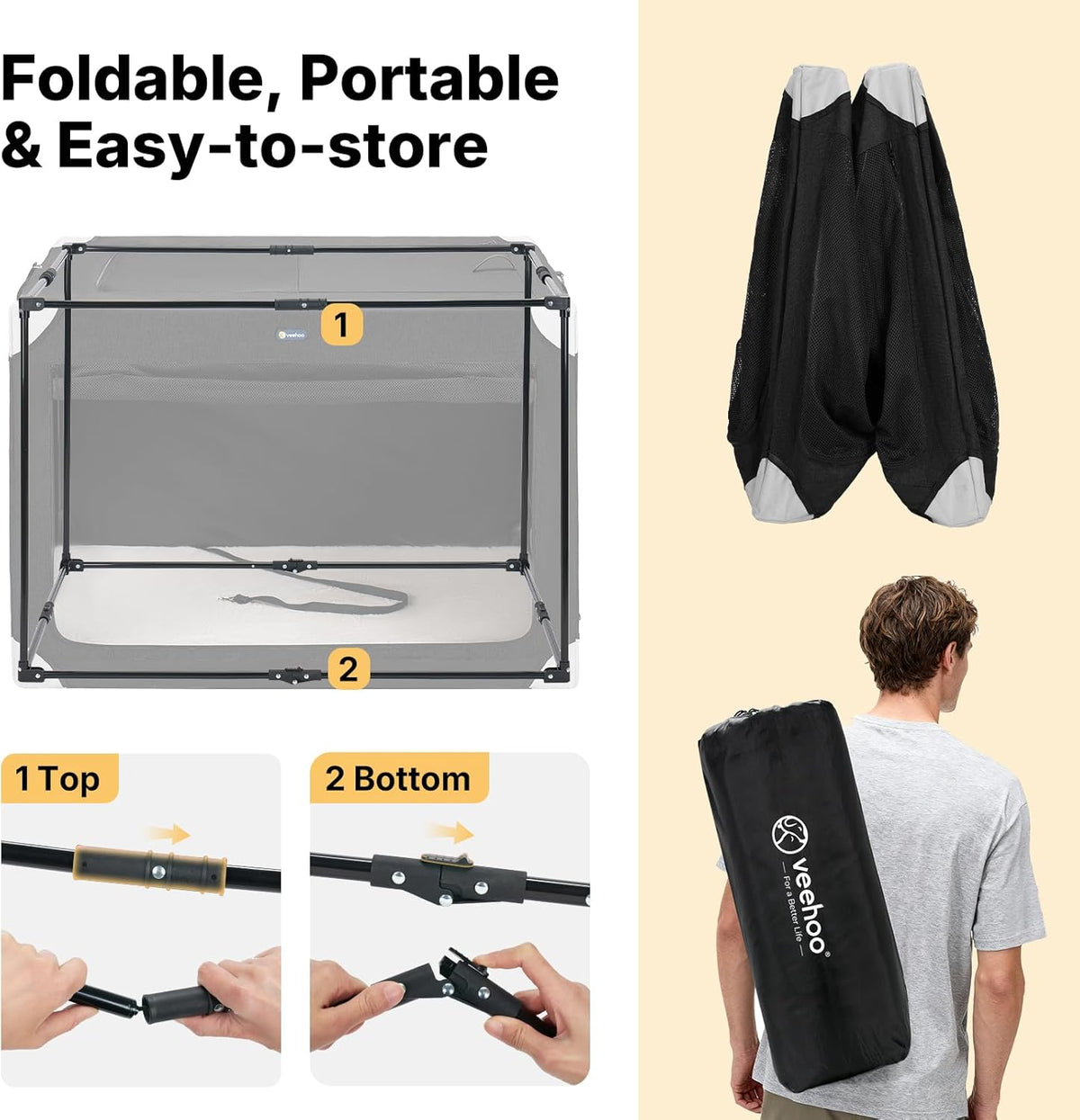 veehoo 48" collapsible dog travel crates portable dog showing dimensions