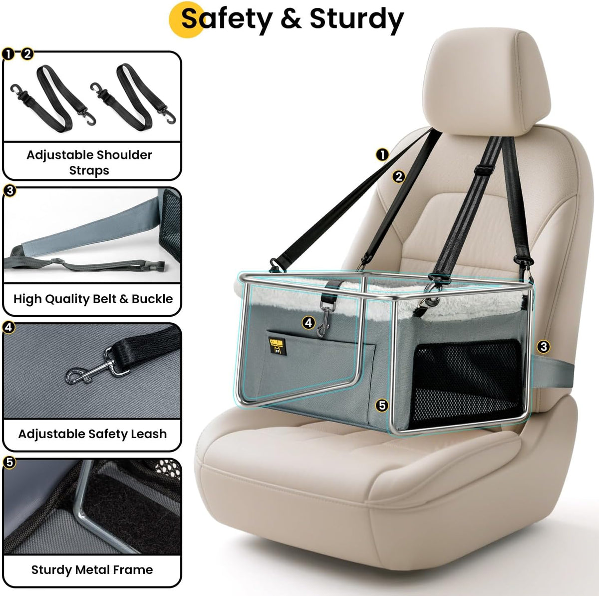 conlun 2-pack dog car seat | steel frame, side view