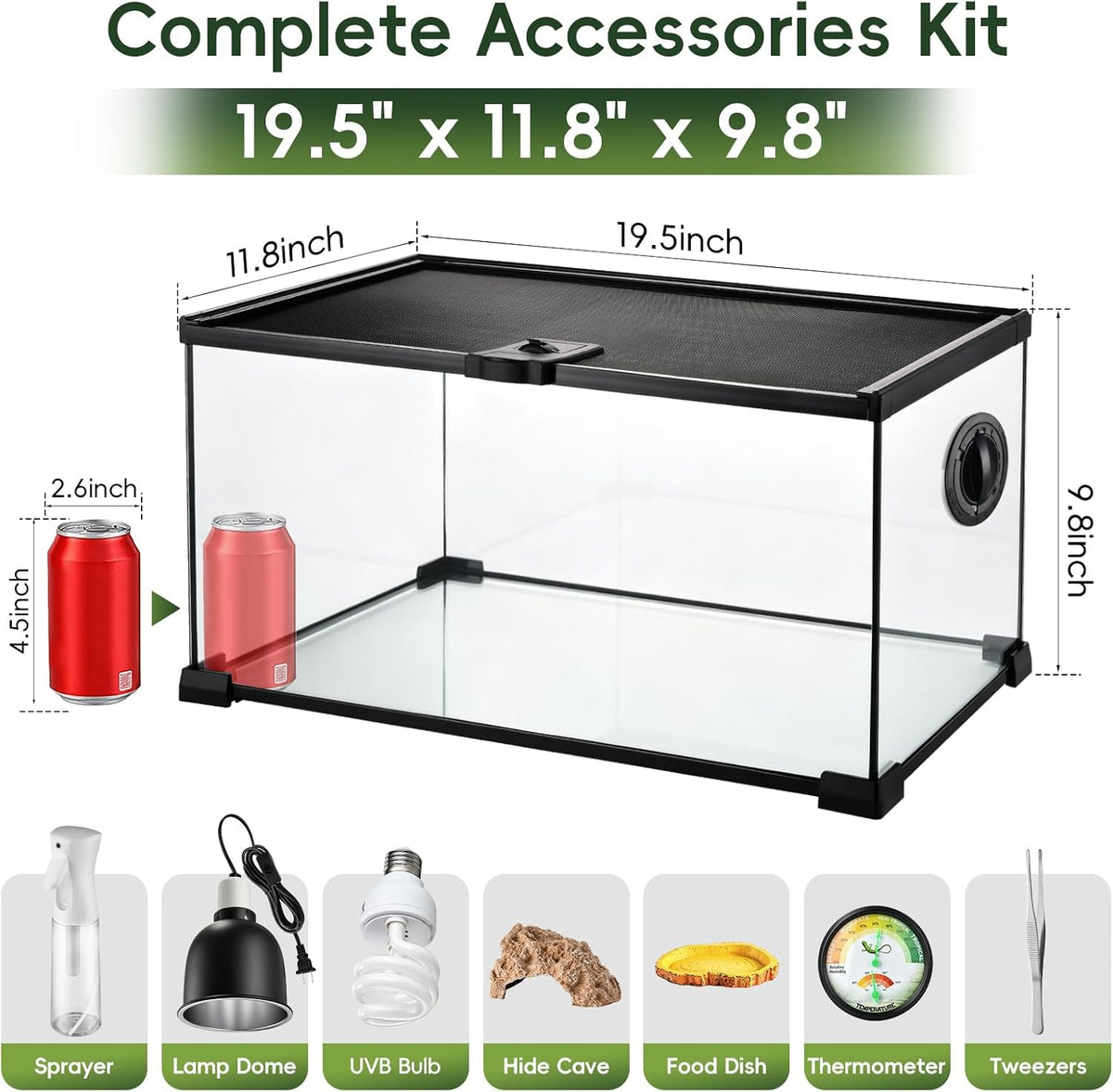 10 gallon reptile terrarium glass starter habitat with, close-up detail