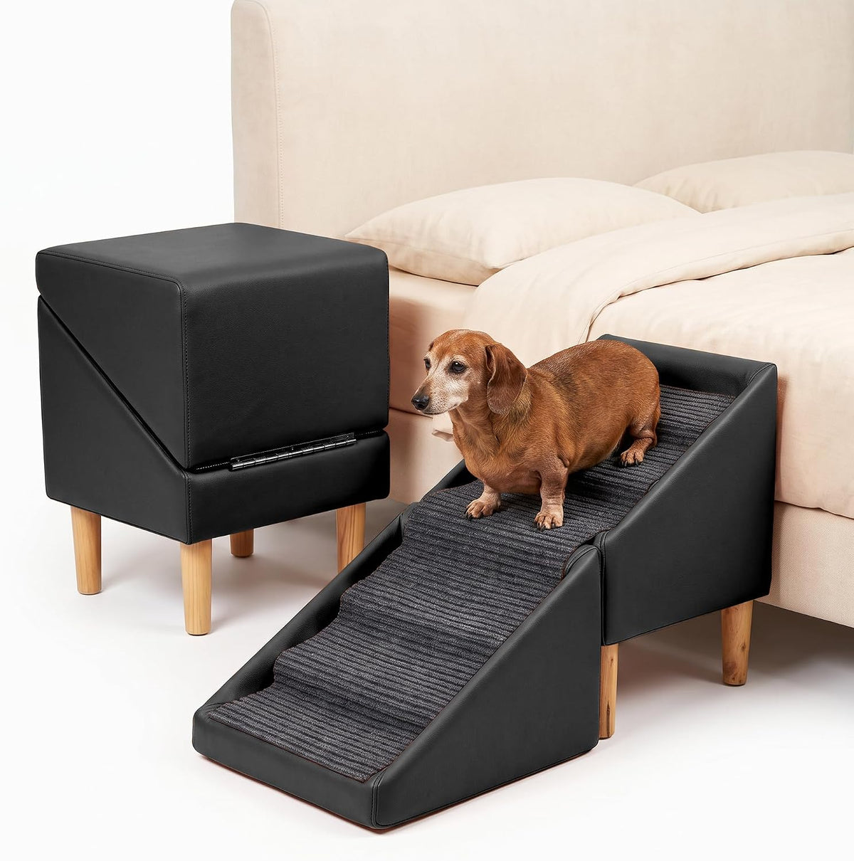 foldable dog cat stair ramp solid wood ottoman, main product view