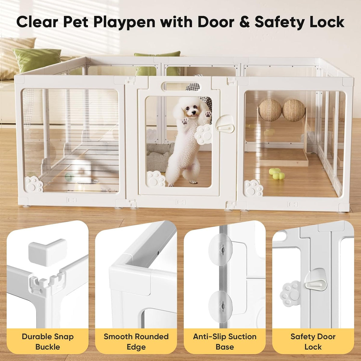 24” acrylic clear dog play pen indoors 8, close-up detail