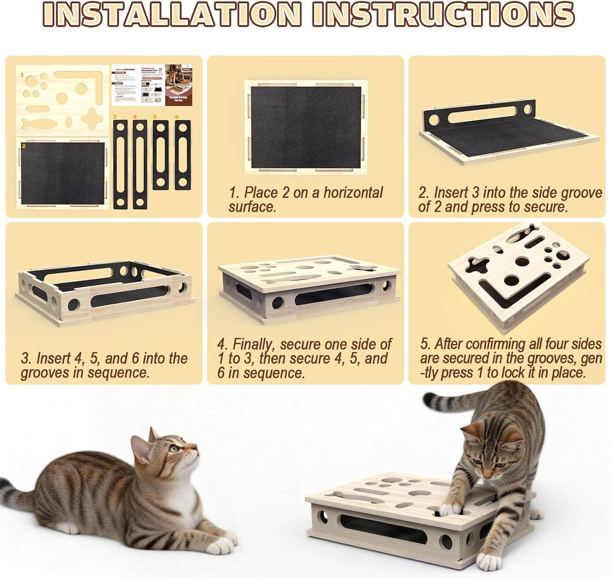 cat scratch puzzle enrichment box, large solid wood showing dimensions