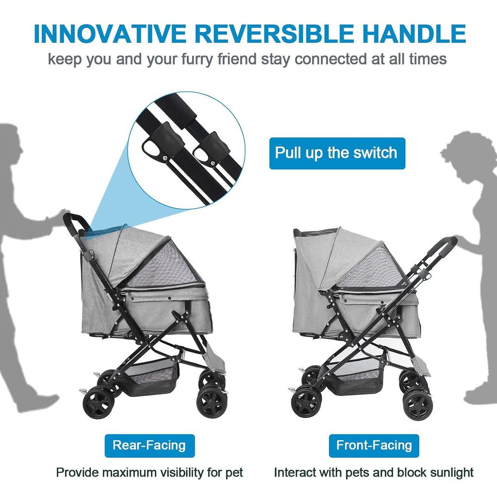 pet stroller with reversible handle for dogs, up shown in use