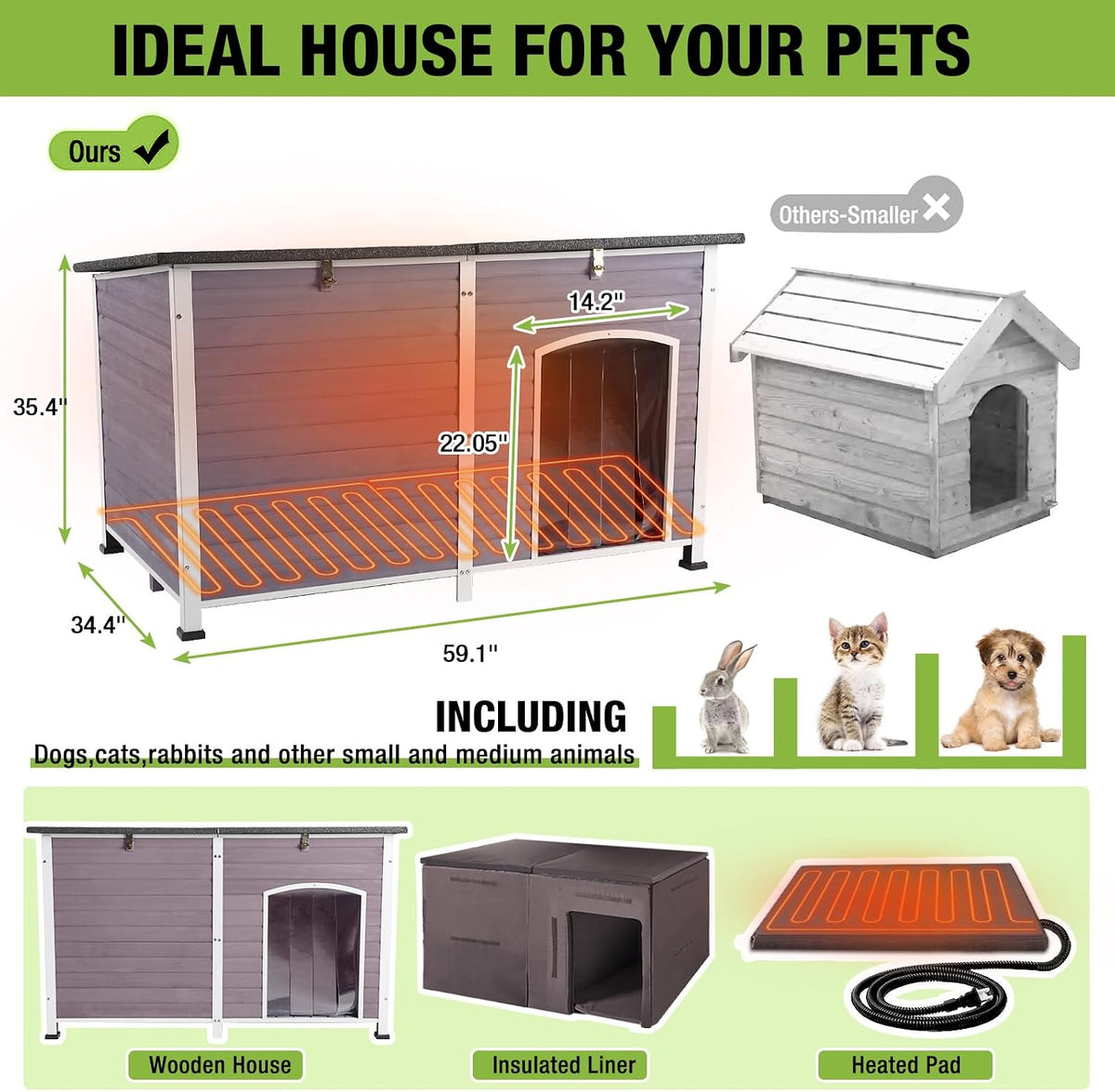 heated dog house outdoor 59.1" extra large 100%, front angle view